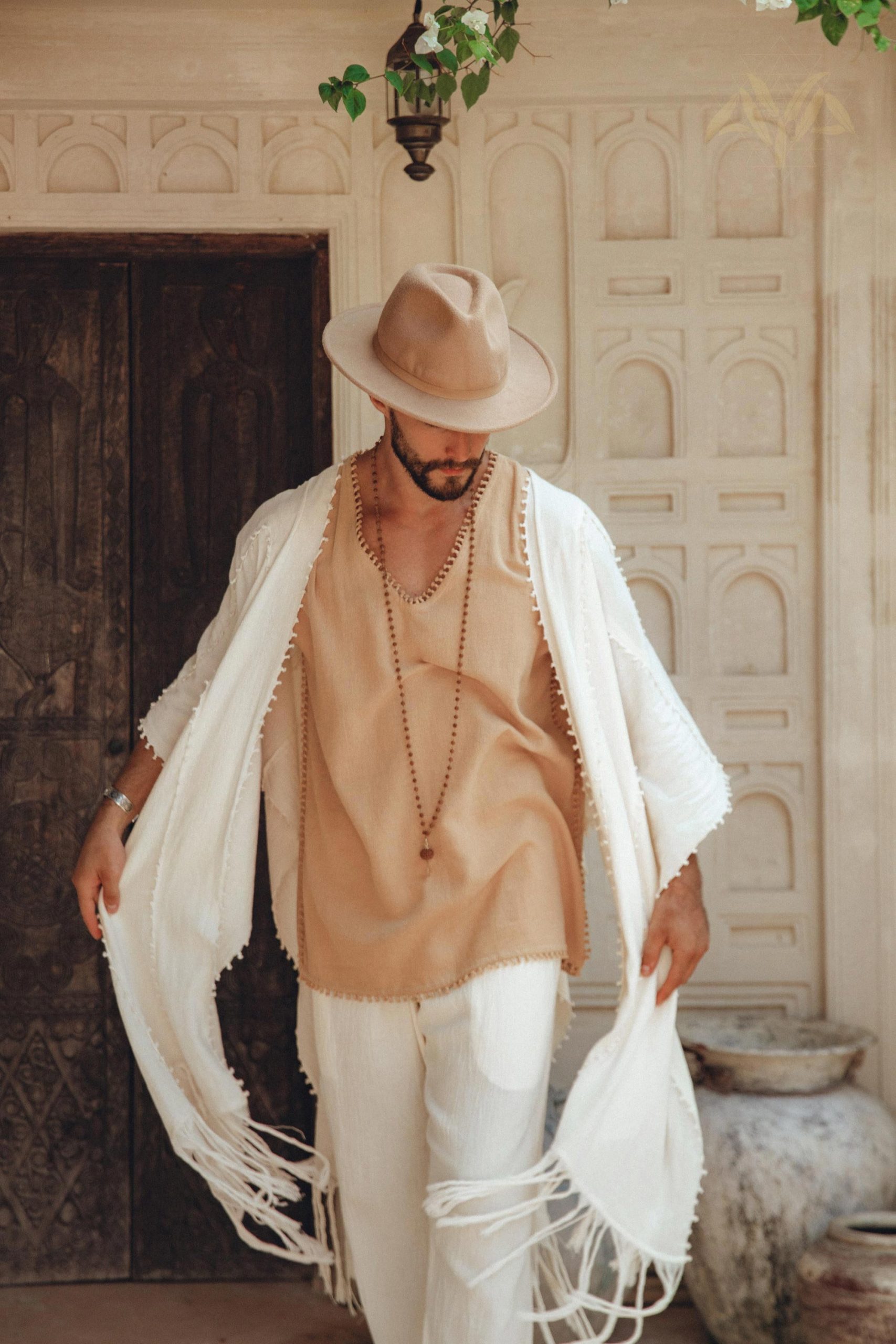 Light Beige Festival Top Men Minimalist Baggy Tribal