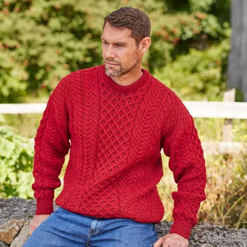 Men's Red Merino Wool Aran Sweater: Traditional Irish Knit
