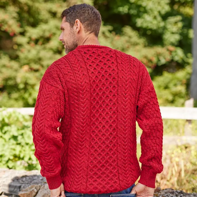 Men's Red Merino Wool Aran Sweater: Traditional Irish Knit